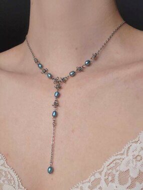 Mermaid blue pearl and silver rosary necklace